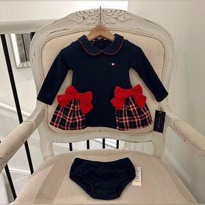 ❤️ 12 Mth Navy & Plaid Tommy Hilfiger Baby Dress with Red Bow Accents NWT